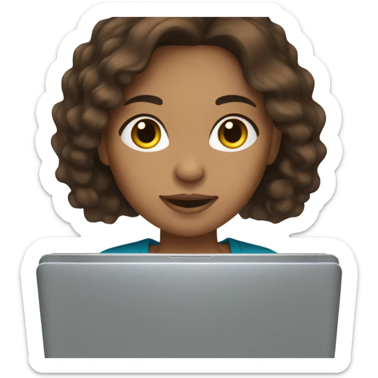 woman light brown skin long dark brown hair with laptop, brown eyes sticker