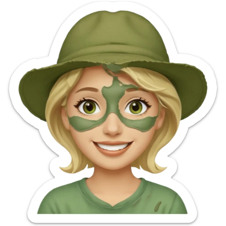 messy green clay mask and tourist hat blond braided woman big eyes smiling and clay mask on face sticker