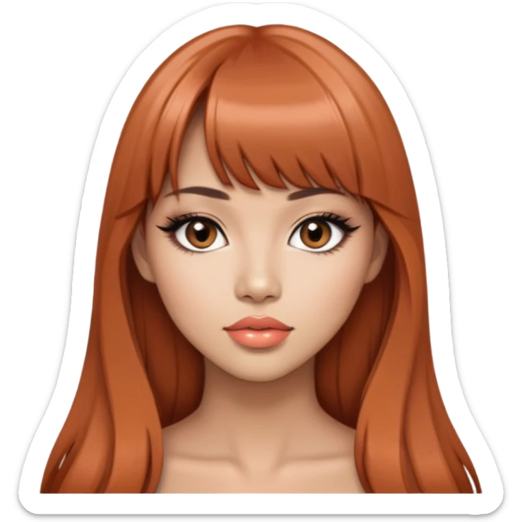gorgeous woman, light tan skin, very long auburn hair, bangs, black eyes, peach lipstick, model, latina, asian, mixed sticker