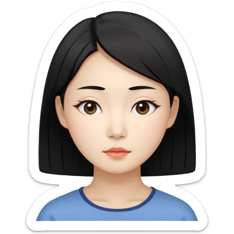 Korean woman, East Asian features,
female human avatar,
front face icon style,
large head, minimal neck,
neutral expression, calm mood,
simple black hair,
flat illustration style,
clean background sticker