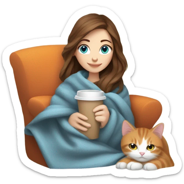 White girl with brown hair and blue eyes drinking coffee. With a white and orange cat and a blanket around them  sticker
