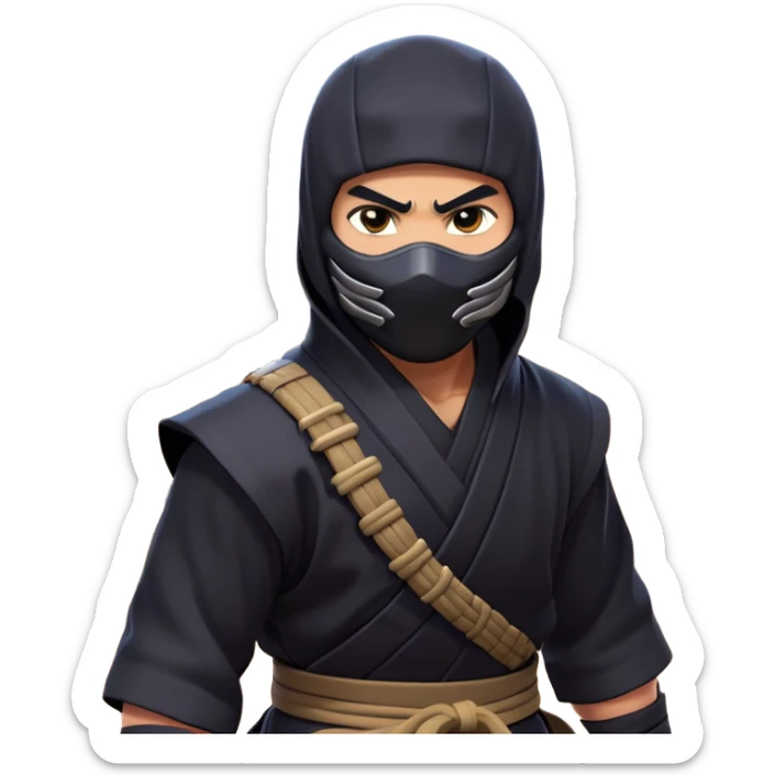clash-of-clans-aesthetic_-cinematic-mysterious-male-ninja-portrait-emoji, rendered in a flat, vector-style with minimal shading and bold, simplified shapes, with a head slightly turned revealing intense, focused eyes, perched crouched next to an agile trained panther tiger with glossy fur moving silently through shadowed urban rooftops and moonlit alleyways. sticker