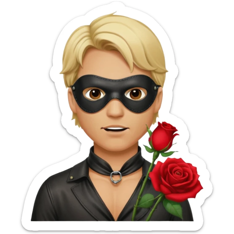 blonde man with leather eye mask and leather halter neck blouse, holding rose with his mouth sticker