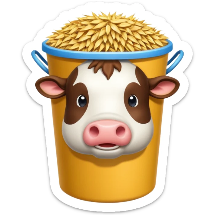 cow feed bucket object icon, bucket full of hay and grains, farm style, 3D cartoon, mobile game icon style, centered, clean background, no text, no watermark
 sticker