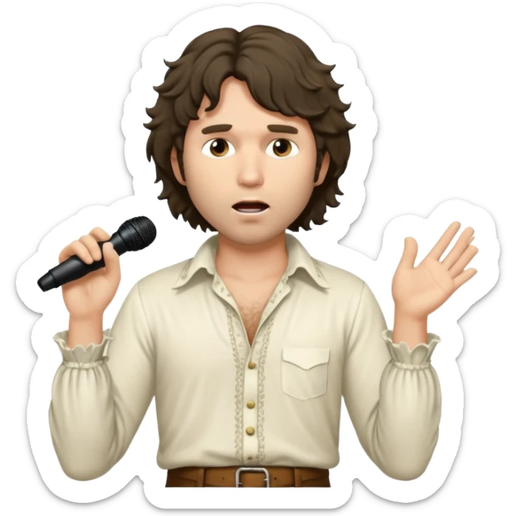 photorealistic - unkempt, shaggy with big sideburns Jim Morrison in an ivory Victorian shirt, in an trance dramatic pose, sings on stage sticker