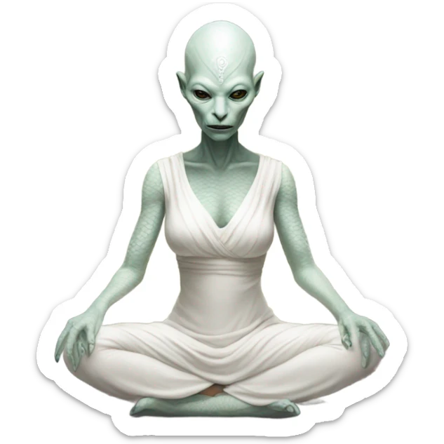 a Reptilian alien woman,in meditation, white dress like a priestess sticker