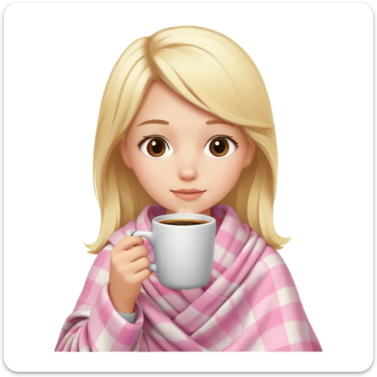 cute blonde girl wrapped in pastel pink plaid blanket drinking coffee sticker