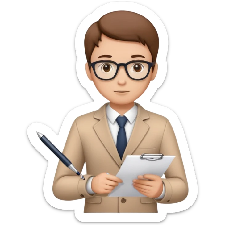 a person holding a checklist and pen, wearing smart casual clothing. The character is in a focused pose sticker