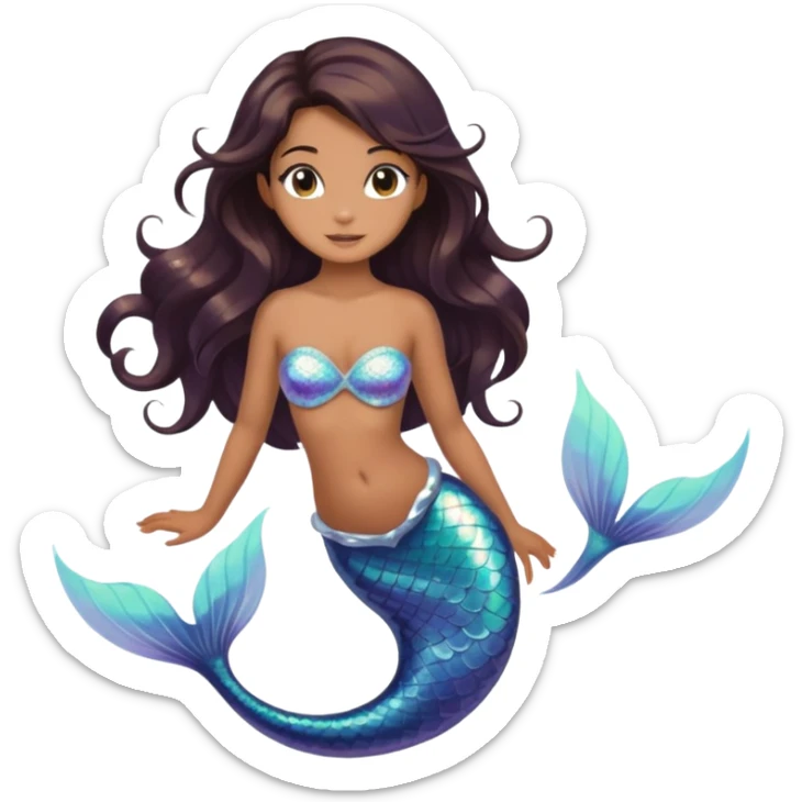 Mermaid with dark brown hair, tan skin, a holographic tail and hazel eyes in ocean sticker