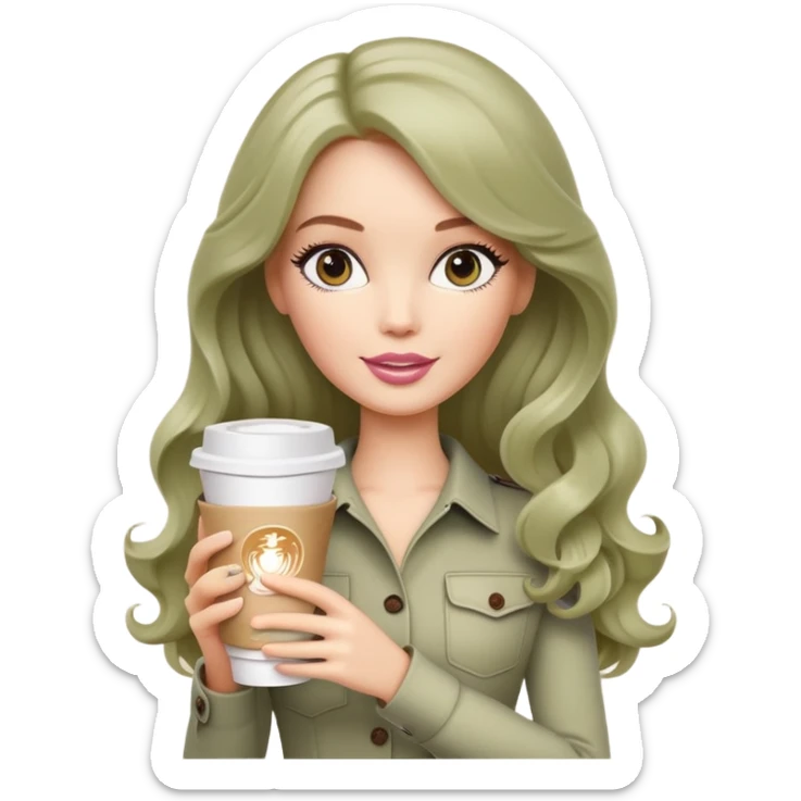 A white Barbie girl with long dark brown wave hair and a pale olive paper cup of coffee sticker