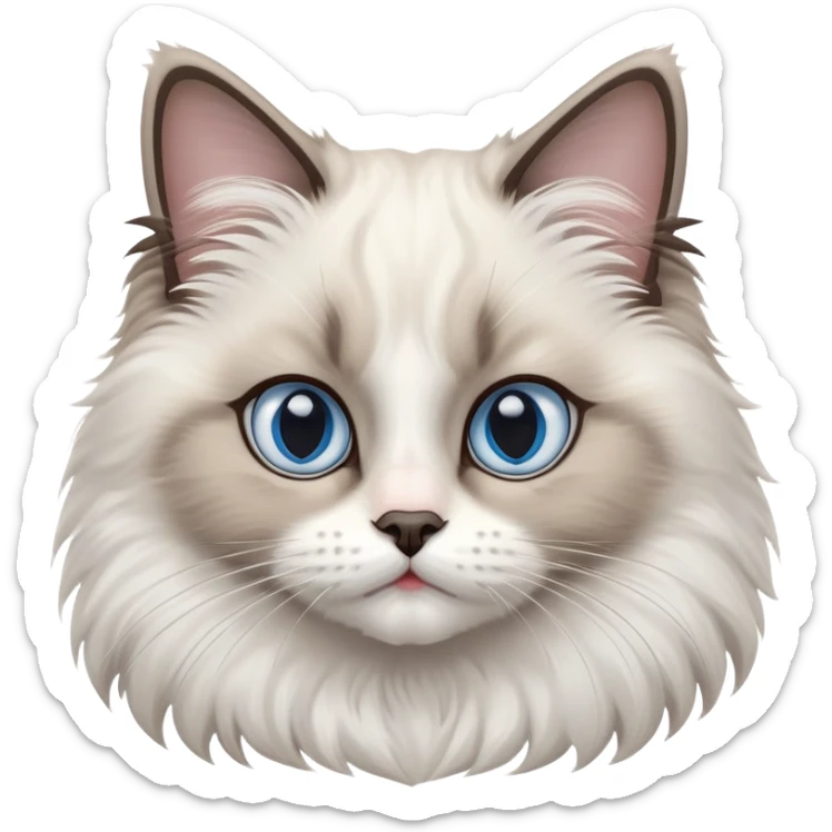 cinematic-adorable-big-eyed-fluffy-ragdoll-cat-portrait-emoji,-head-tilted-playfully-with-a-sweet-expression,-fluffy-white and grey-fur,-simplified-yet-irresistibly-cute-features-with-large,-expression, blue eyed ragdoll cat sticker