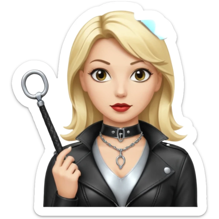 Dominatrix with blonde hair, leather outfit, long key necklace, and a whip sticker