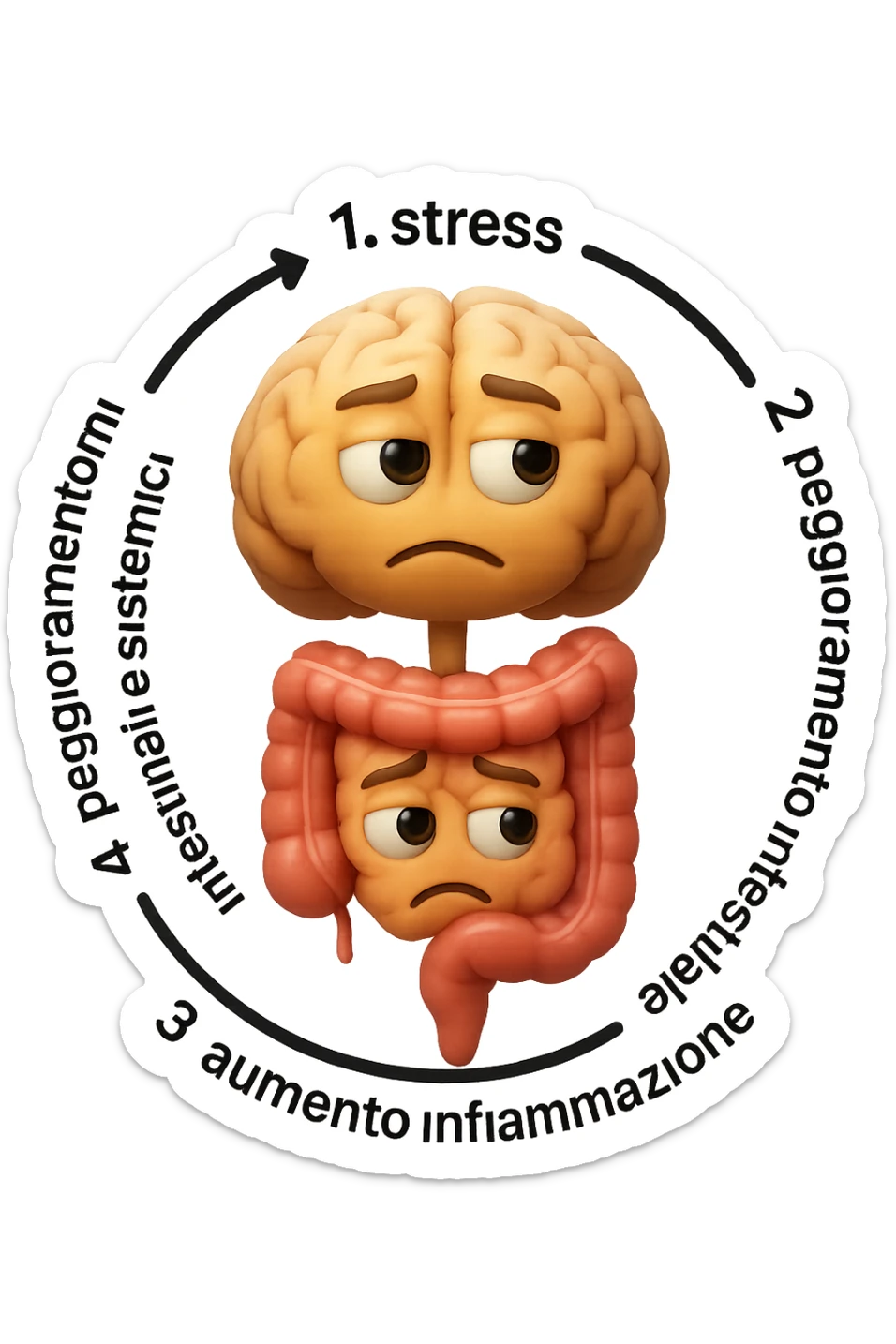 EMOJI STILE IPHONE 3D DI un cerchio con queste scritte che girano intorno in ordine per come li ho scritti "1. stress → 2. peggioramento intestinale → 3. aumento infiammazione → 4. peggioramento sintomi intestinali e sistemici." al centro del cerchio metti un cervello e intestino umani collegati verticalmente con espressione dubbiosa in volto, FALLO MOLTO REALISTICO IN 3D sticker