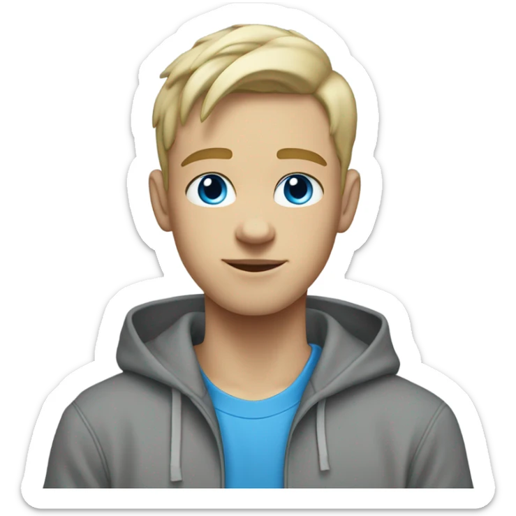 A white teen with a blonde low taper fade and a grey hoodie on with blue eyes sticker