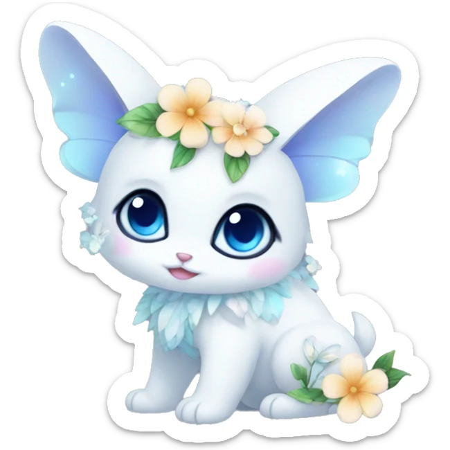 Edgy Cute Cool Kawaii gorgeous sparkly ethereal white fantasy animal with blue eyes sona with flowers and butterflies sticker