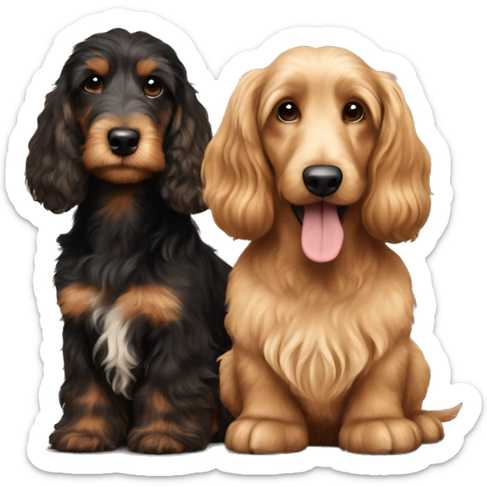 Brown golden doodle and black and tan and cream longhair dachshund sitting together  sticker