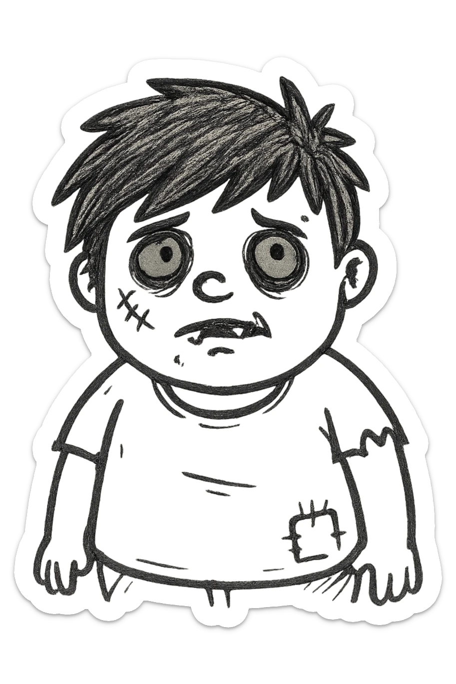 a little chubby teenage boy with brown emo hair, gray-green eyes, zombie sticker