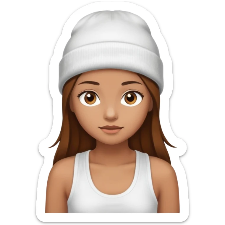 Girl with light brown skin hazel eyes long brown hair wearing a white tank top and beanie sticker