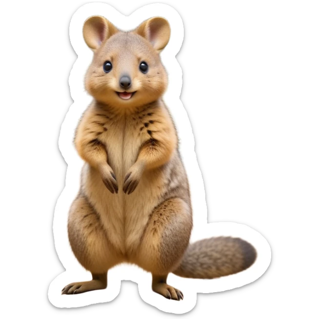 cinematic-quokka wallaby-realistic-full-body-standing on its hind legs hunched over-emoji,-small-round-frame-balanced-on-tiny-strong-hind-legs,giant fluffy cheeks large smile-fluffy-brown-fur-radiating-a-warm-softness,-big-round-eyes-filled-with-joy-and-innocence,-tiny-clawed-paws-held-close-to-chest,-cheerful-smile-exuding-endearing-happiness,-simplified-yet-realistic-focused-features,-highly-detailed,-glowing-with-a-sunny-warmth, skinny tail sticker