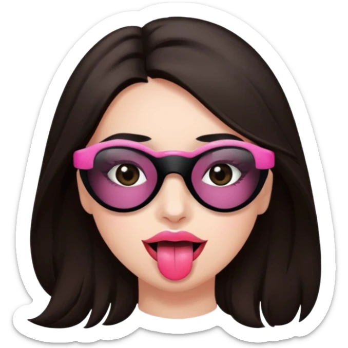 woman with dark brown hair wearing black band over eyes with tongue out sticker