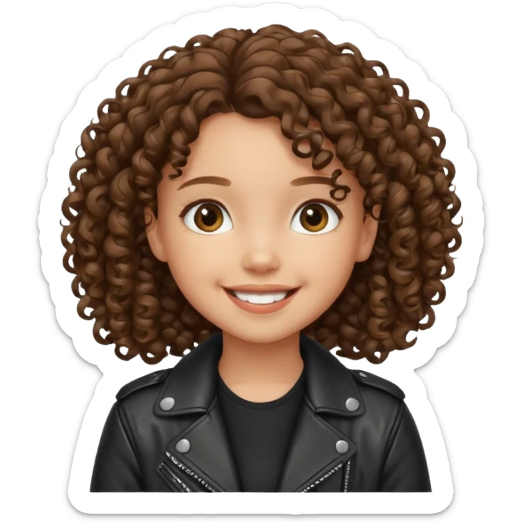 girl kid curly brown hair wear leather jacket, smile happy sticker