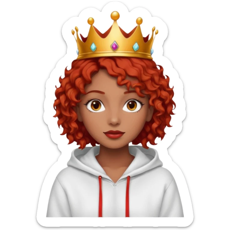 Slim girl with a fine face, dark chocolate-colored and tanned skin, medium-length curly tomato-red hair, dark eyes, medium-thick eyelashes, and a crown and hoop earrings wearing a white hooded sweatshirt.
 sticker