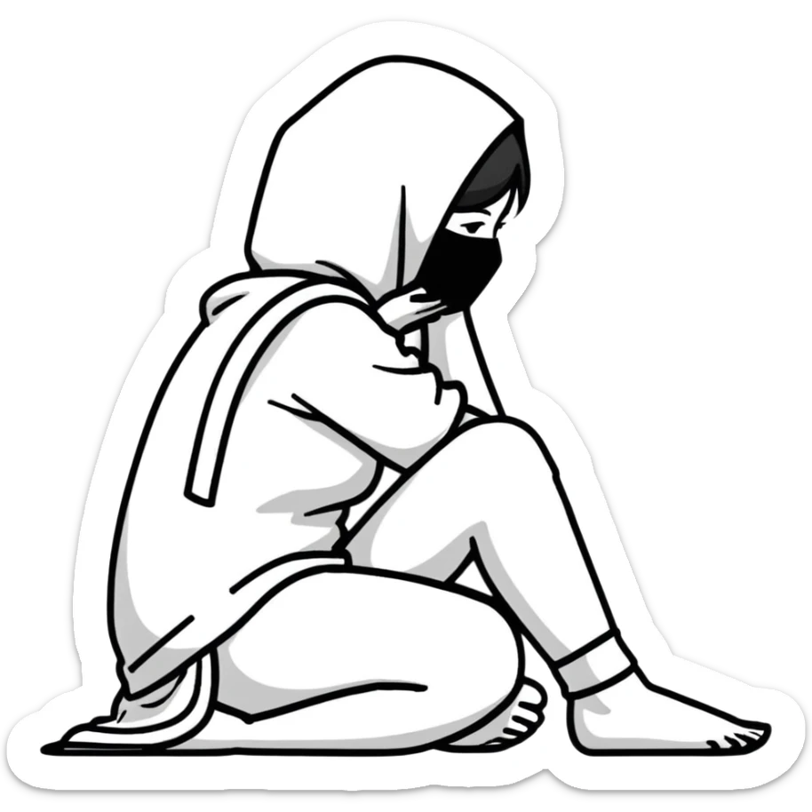 woman sitting on floor in profile view crying with face covered by arms sticker