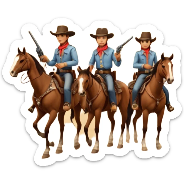 Icon for Western: A vintage movie poster-style design with cowboys on horseback, dusty desert landscape, and a setting sun. Include cowboy hats, revolvers, and an old saloon. The design should have bold typography and a retro cinematic feel. Transparent background. sticker
