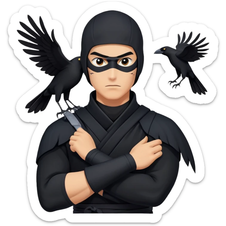 clash-of-clans-aesthetic_-cinematic-mysterious-male-ninja-portrait-emoji, rendered in a flat, vector-style with minimal shading and bold, simplified shapes, his arm is stretched out  with a head slightly turned revealing intense, focused eyes. the ninja has his arm out and perched on top of his forearm is  a  giant black crow sticker