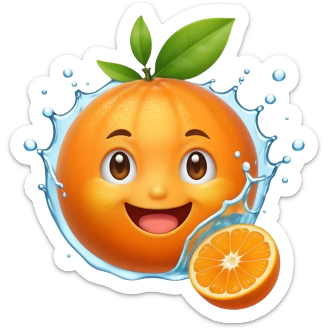 Cute emoji of a super-sweet mandarin orange with a fizzy soda-like feeling, juicy splash, bright orange color, happy expression, kawaii style, transparent background. sticker