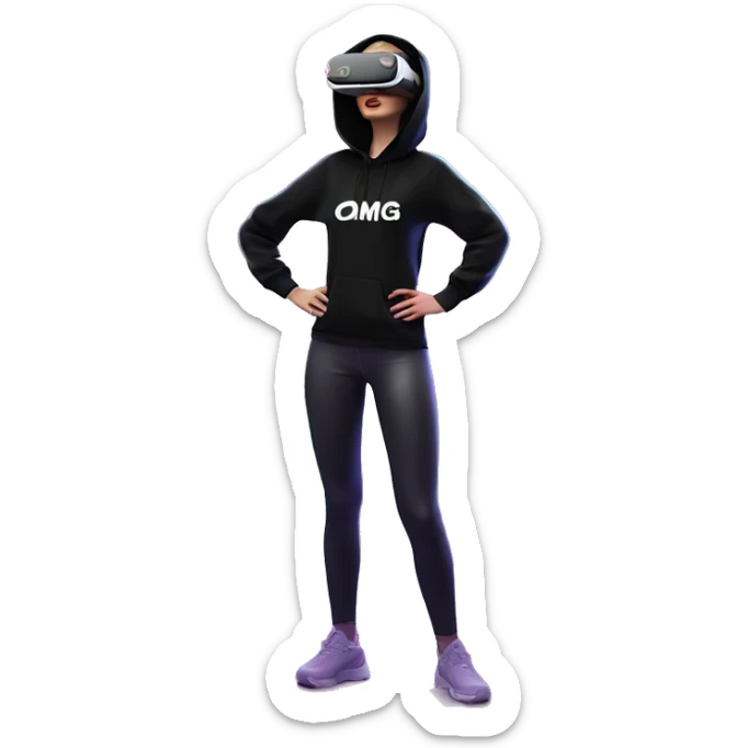 Russian girl wearing black hoody with violet letters "OMG", in vr headset oculus quest2. Standing like jedi. Cyberpunk style. Violet neon. sticker