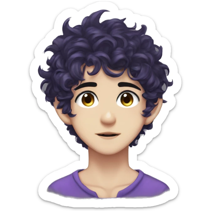 Anime boy short messy curly black hair, hai between eyes, purple eye color, elf ears, sharp slanted eyes sticker