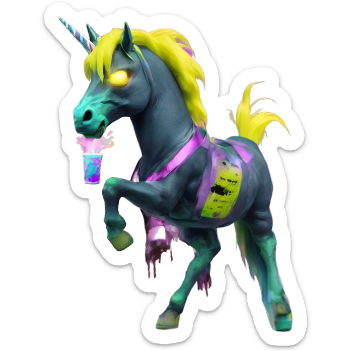 .Zombie_ Vaporwave black holographic oilslick zombie unicorn smoking vaping vape yellow caution tape  sticker