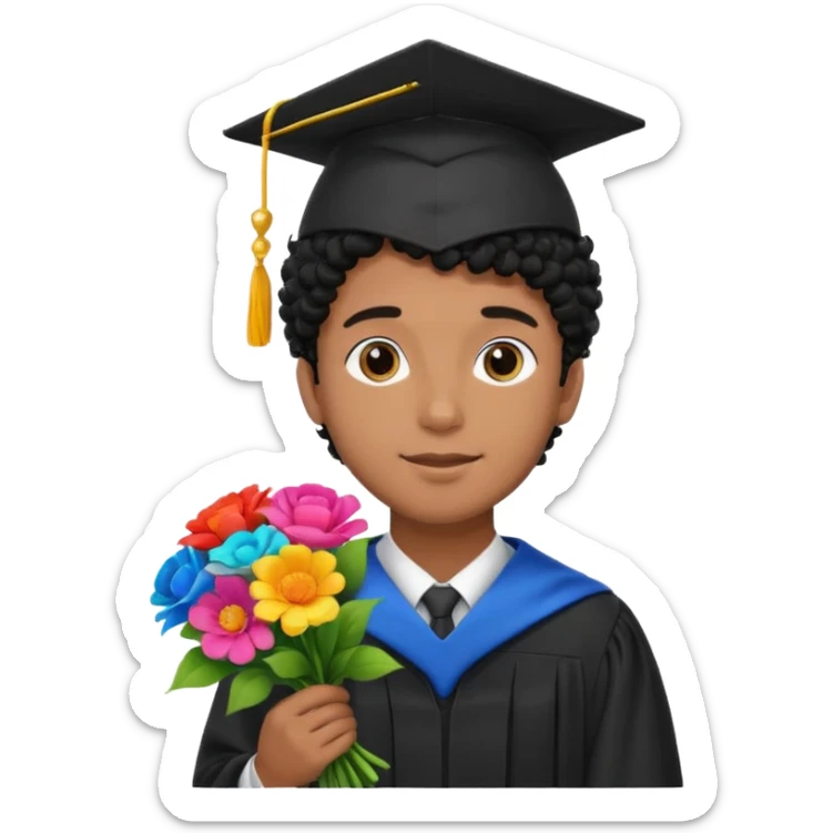 Graduated Students, Male,  brown skin, black curly hair, wearing graduation cap, holding bouquet of flowers
 sticker