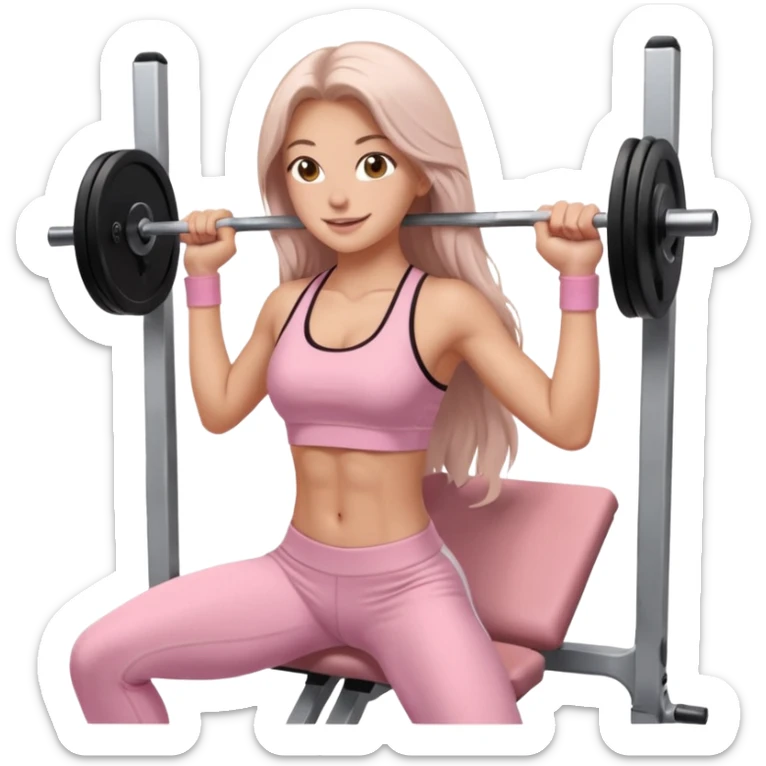 happy pretty white brunette teen long hair with hazel eyes in light pink workout clothes doing a smith machine hip thrust sticker