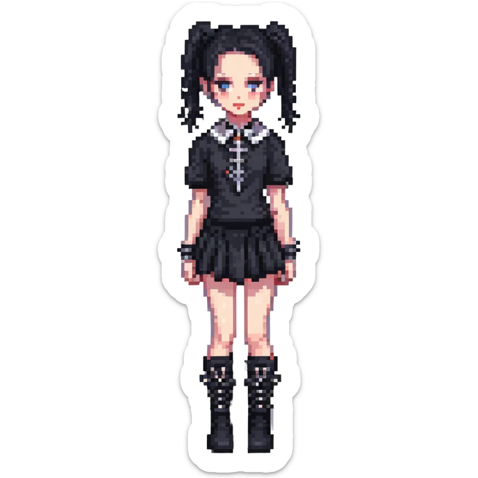goth girl, pale skin, black hair in pigtails, spiked collar, boots, pixel art style sticker