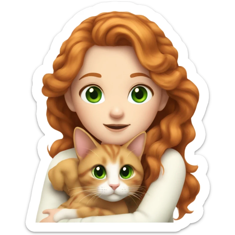 ginger girl with wavy long hair and green eyes in turtle neck white sweater cuddling with a brown cat sticker