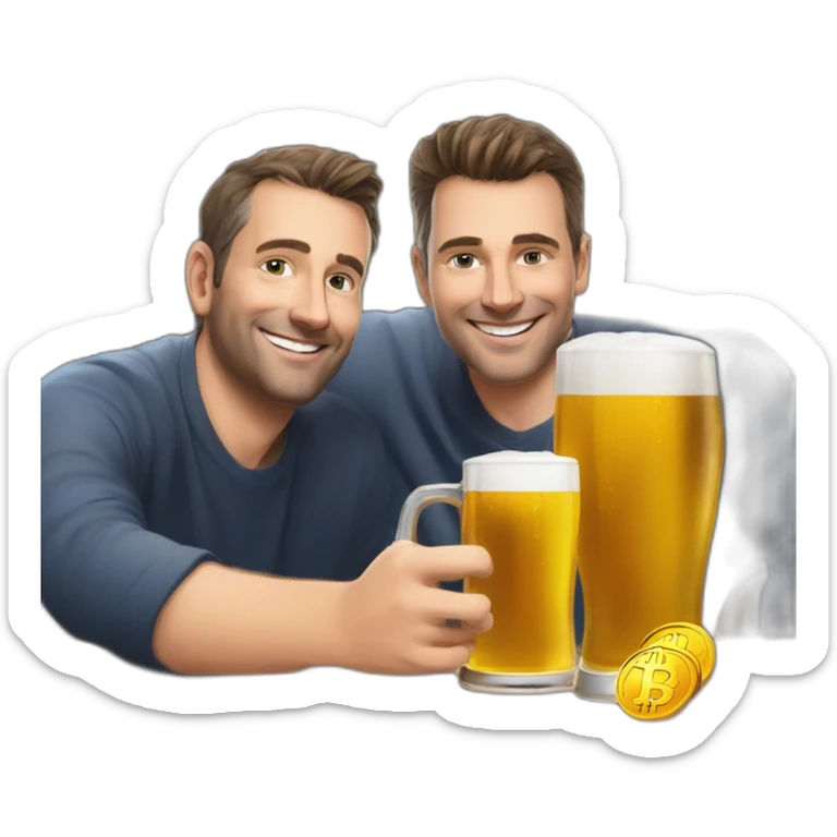 Ceo of coinhouse Nicolas louvet and ceo of cube3 Valentin Demé drinks a beer with bitcoin around him sticker