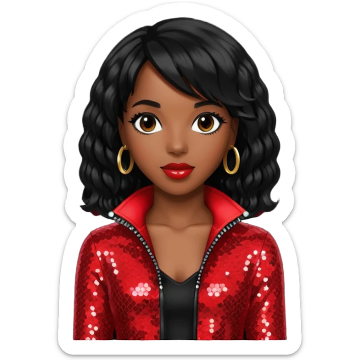 Kelly Rowland from Destiny's Child with jet black hair, red sequin outfit sticker