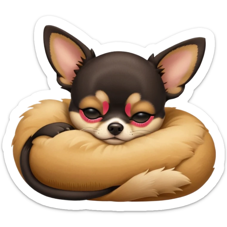 A high-resolution photo-realistic digital illustration of a cute black and tan chihuahua with big eyes closed sleeping lazily. sticker