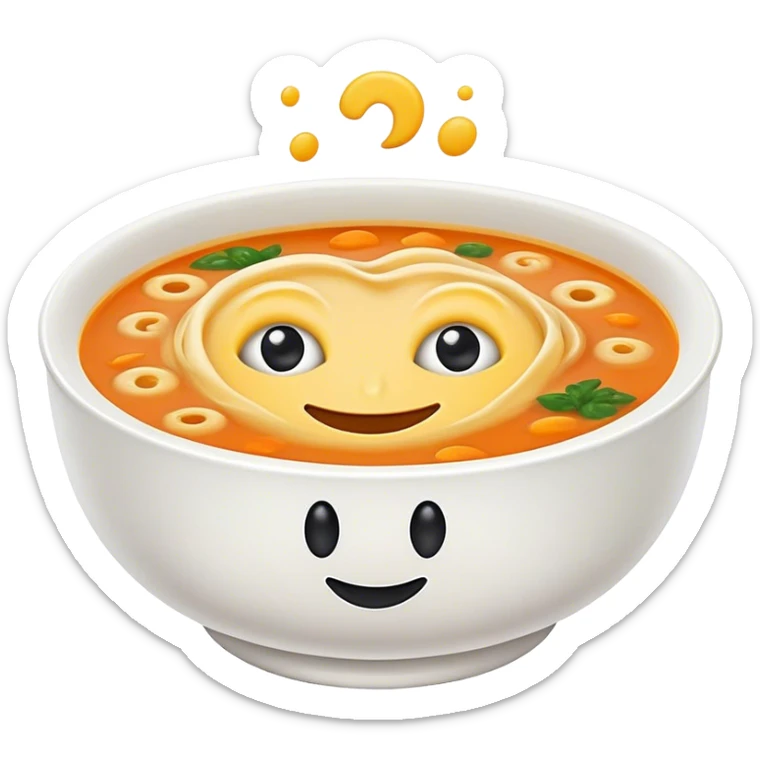 a bowl of soup with eyes and a smiley face floating on top of the soup sticker