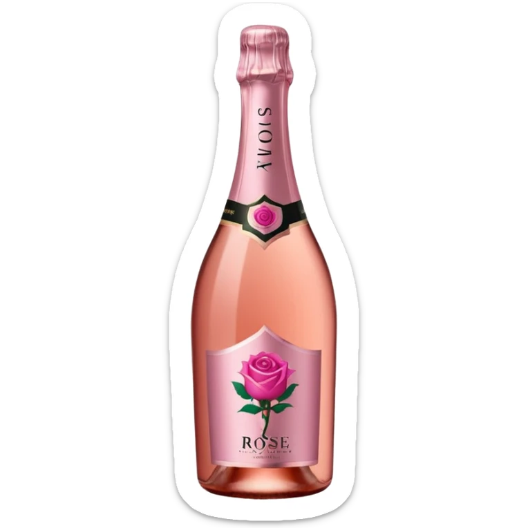 bottle of sparkling rosé with a rose logo on the label, angled to the left, no glass sticker