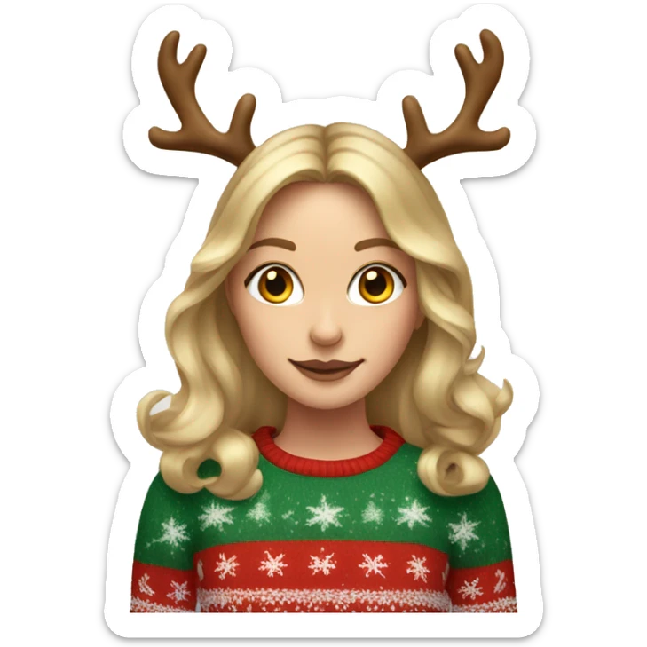 dark blond hairwd girl with christmas sweater and raindeer horns sticker