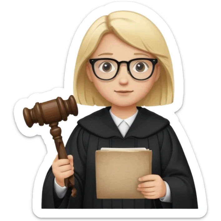 Young judge, blonde hair with glasses and robe, hold a paper and gavel sticker