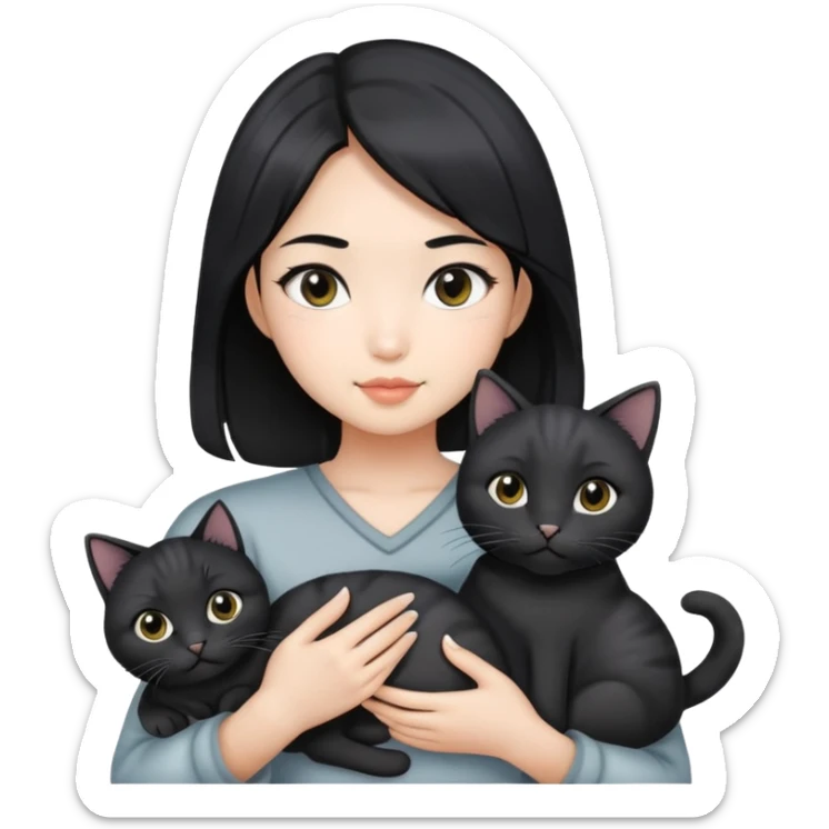 Asian girl with shoulder length black hair, grey highlights. Holding two black cats.  sticker