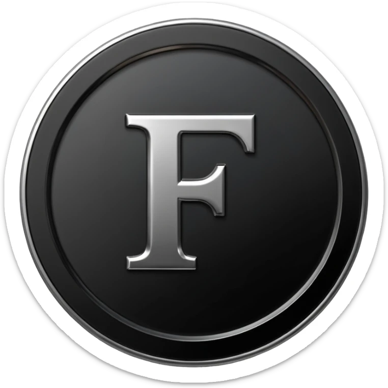 Emoji icon of a black coin with engraved letter F, minimalist style, isolated sticker