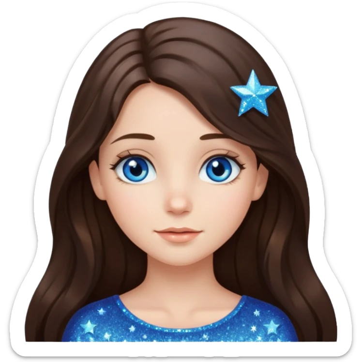 brunette long hair girl with blue eyes sparkling with love glitter and stars instead of eyes sticker