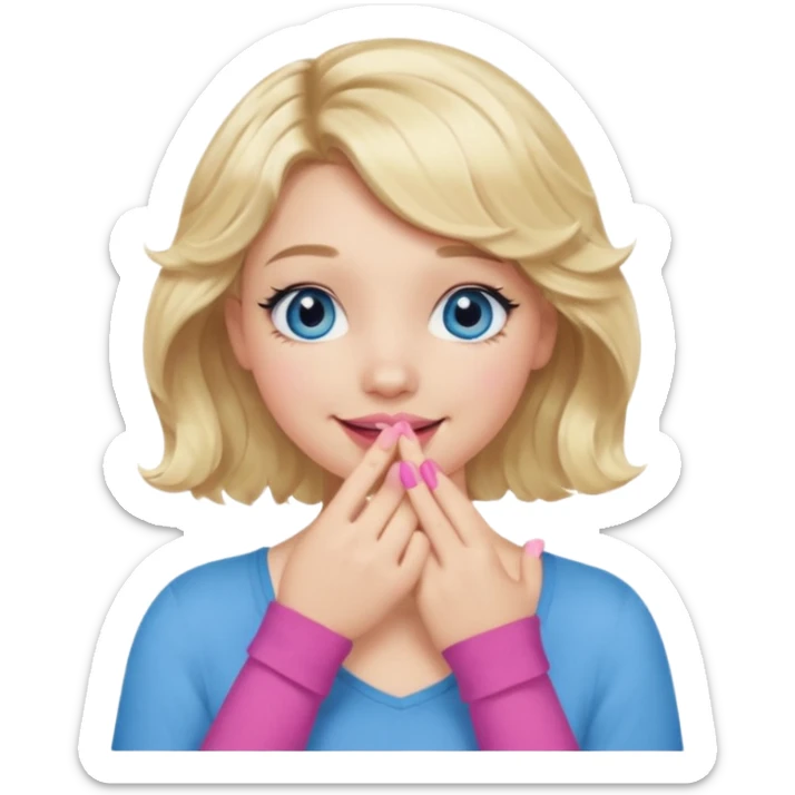 Girl Blonde short wavy hair,  blue eyes, cute blue top, long lashes, pink lips, smiling, hand covering the mouth sticker