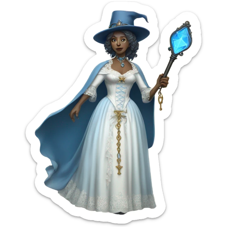 blue witch woman login holding a big key in white victorian dress, full body sticker