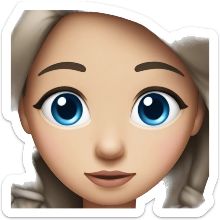 a brunette girl with blue eyes and a pink bow top right corner on her hair sticker